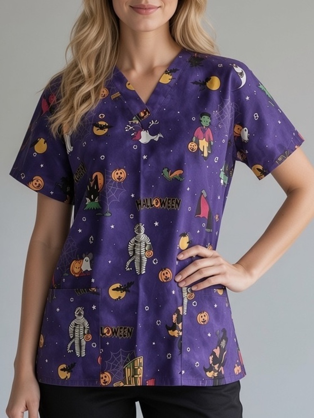 Simply Basic Purple Halloween Scrub Top | Size L